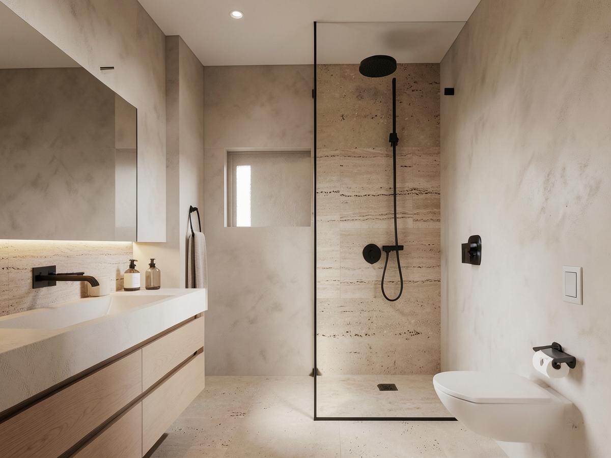 Baño reformado con microcemento, travertino y ducha a nivel de suelo