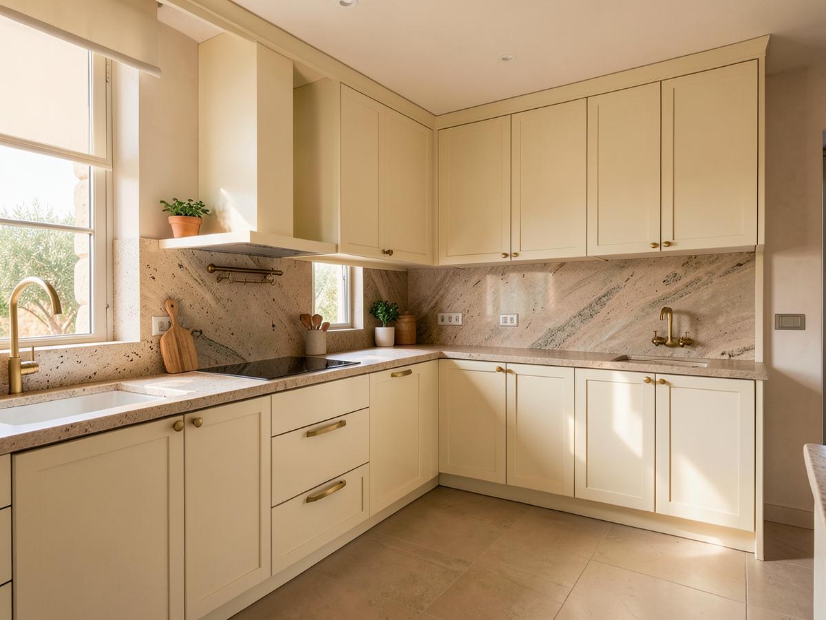 Reforma de cocina mediterránea con muebles crema y encimera de piedra natural