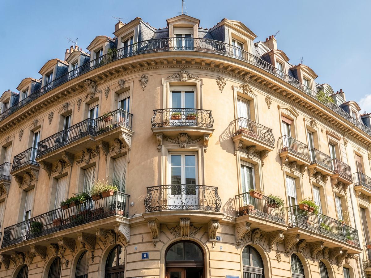 Fachada clásica rehabilitada con estuco color arena y balcones restaurados