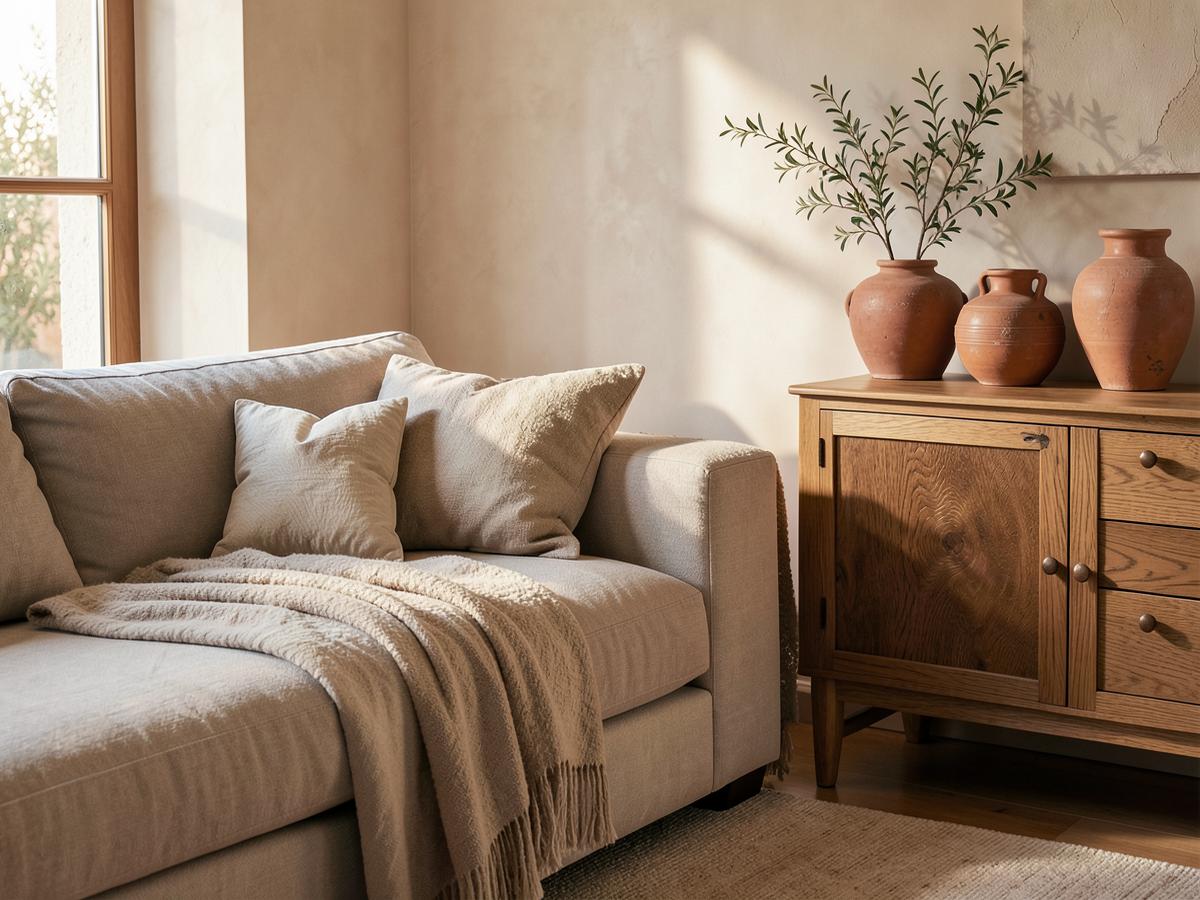 Detalle de interiorismo mediterráneo con lino, roble y cerámica terracota